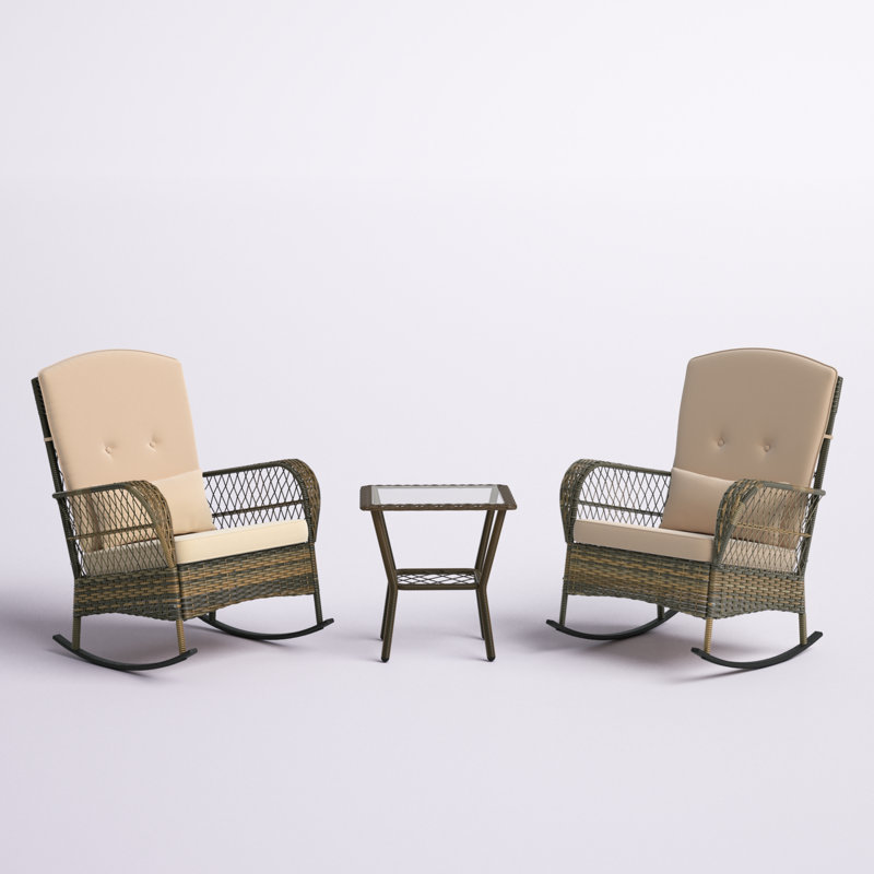 Ensemble de table bistro en osier 3 pièces avec chaises berçantes en verre trempé