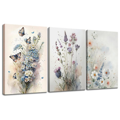 Floral Canvas Wall Art, Framed Wildflower Pictures Wall Decor,Purple Flower Prints, Colorful Botanical Artwork, Watercolor Painting 3 Panel For Living Room Bedroom Office Home 16X12 Inches
