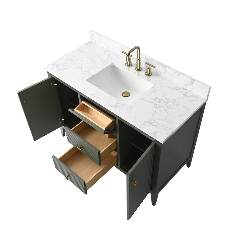 Ensemble de meuble-lavabo autoportant à simple cuve 48 po avec plateau en marbre Lavallon, Linéaire vert rétro, Doré brossé