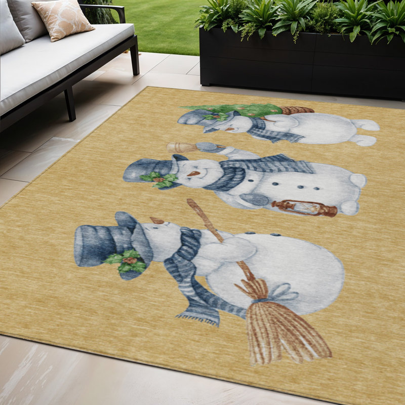 Tapis intérieur lavable bonhomme de neige bleu denim 5 pi x 8 pi doré et ivoire