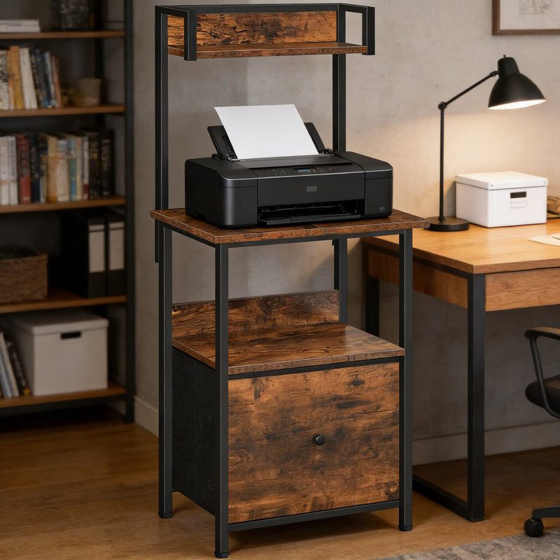 Support d'imprimante avec armoire de rangement et tablette de présentation, table d'imprimante de bureau à 3 niveaux avec grand bureau et tiroir classeur, convient aux documents de format A4 et lettre