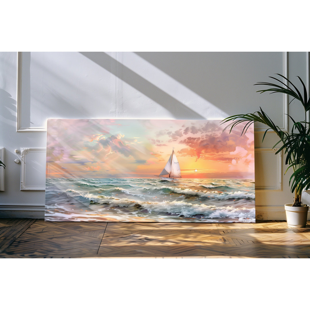 Leinwandbild gerahmt 120x60cm Segelboot Kunstvoll Horizont Sonnenuntergang roter Himmel