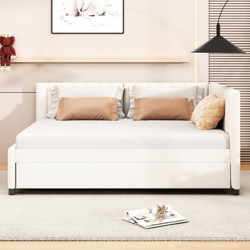 Lit de jour rembourré avec couchette, tissu en lin beige, sans sommier, cadre en bois stable et à long terme, requis, Beige