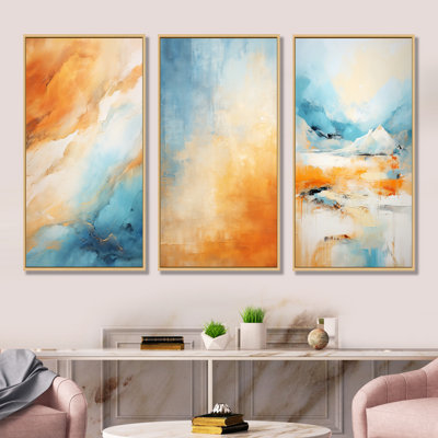 «Blue Mirage Of The Desert I - Tachisme», ensemble de 3 reproductions d'art sur toile