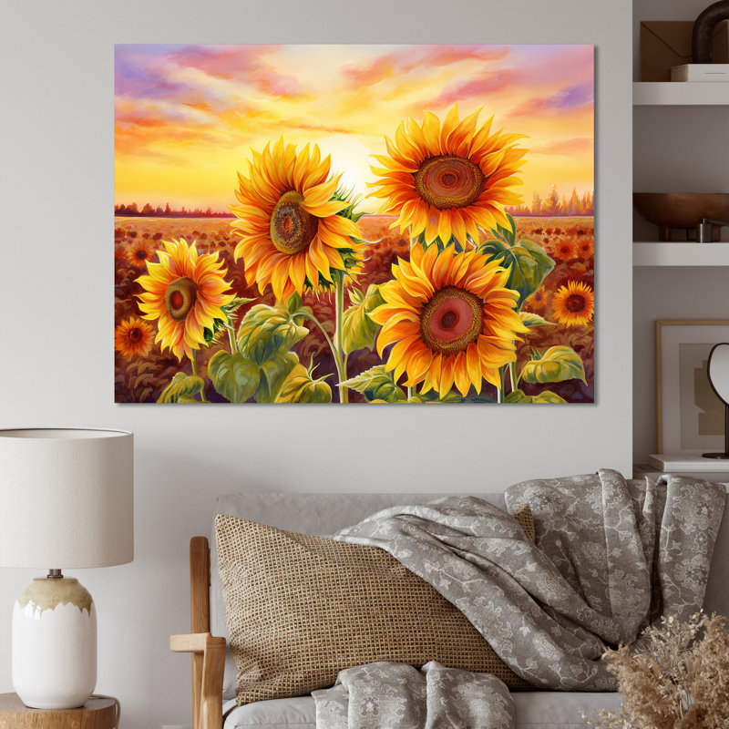 «Burning Sunset Sunflowers Field» sur toile, Toile tendue, H 16 po x l 32 po x P 1 po