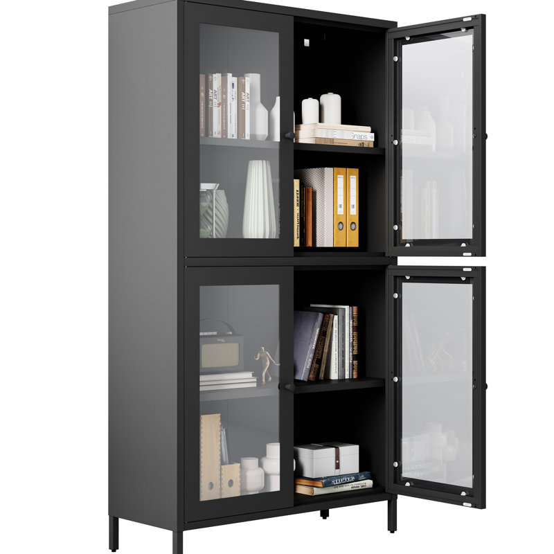 Metal Cabinet With 4 Glass Doors And Pane Finish For Bedroom Black Display Office - Living Room