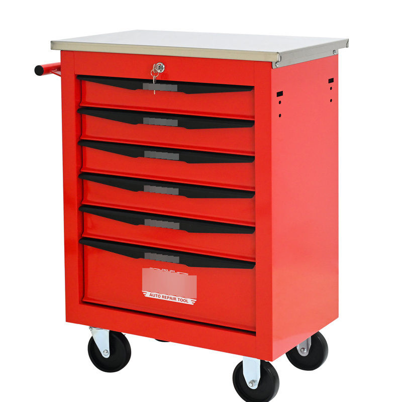 Red & Black 6 Drawers Tool Cart With Wheels, For Workshop And Garage, Steel Build, Smooth Countertop, 4 Universal Wheels Locking, Key Locking Protection Repair Shop, Cold Rolled Steel, Powder Coated