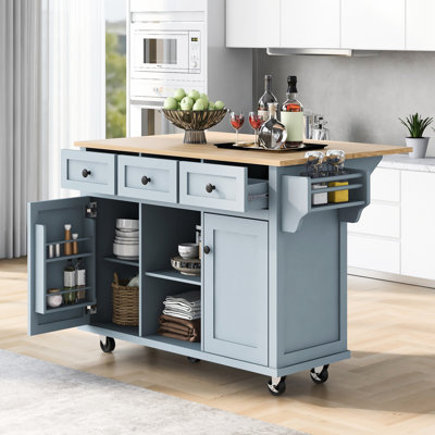 Îlot de cuisine avec rangement interne, 5 roulettes, abattant gris-bleu, 3 tiroirs pour un espace de bureau fonctionnel
