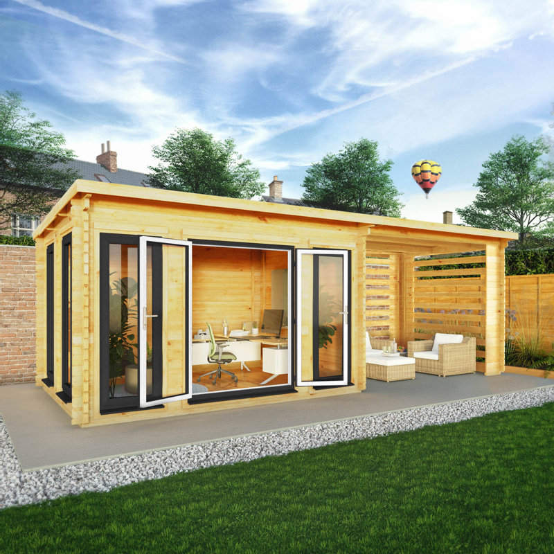 23ft x 10ft Studio Pent Log Cabin With Slatted Area With UPVC Windows & Doors (44mm), Grey/Natural Timber