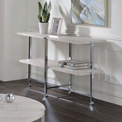 Console contemporaine, plateau en bois avec finition en chêne blanc et structure en métal chromé