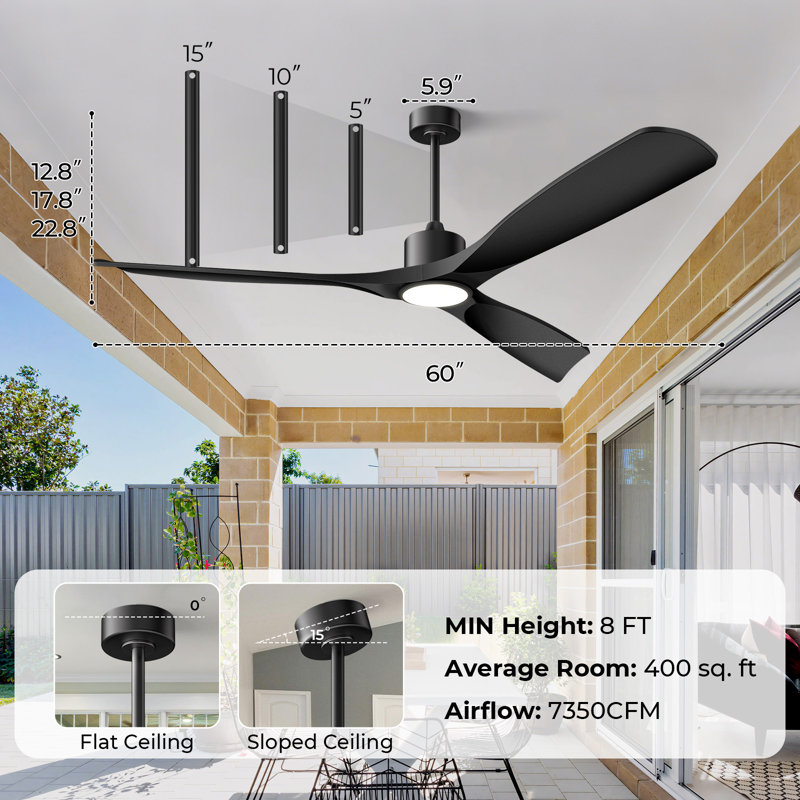 Ventilateur de plafond intelligent 60 po avec lumière, 3 pales ABS, télécommande à 6 vitesses et commande vocale APP, 3CCT, à intensité variable, moteur réversible BLDC