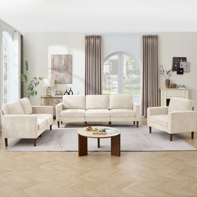 Modern 3 Piece Upholstered Living Room Set, Accent Chair, Loveseat, 3-Seater Mid-Century Sofa Set