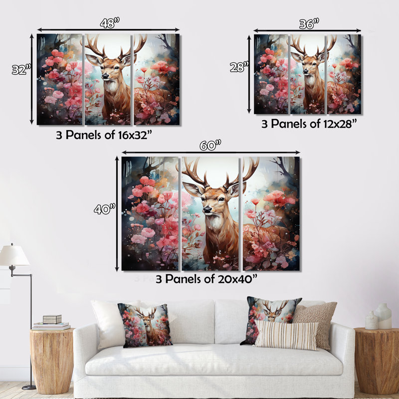 Deer Mystical Forest - 3 pièces, reproduction sur toile tendue, H 40 po x l 60 po x P 1 po
