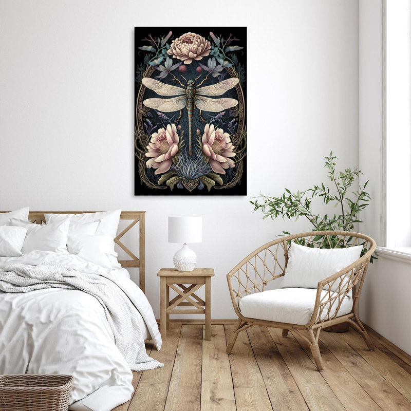 Pivoines et libellule - impression sur toile tendue, H 14 po x L 11 po x l 1,25 po