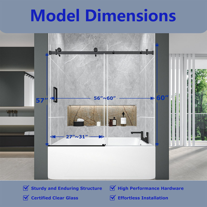 56-60" W *60" H Frameless Single-sliding Shower Door,1/4" (6mm) Thick Sgcc Tempered Glass,matte Black,bathroom,hotel/apartment