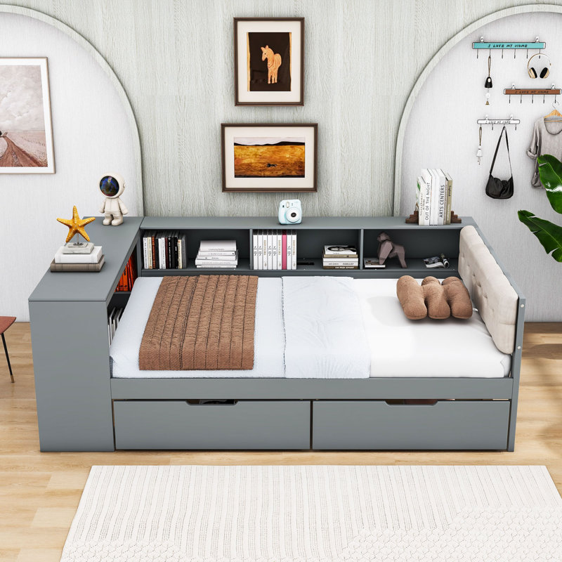 Northup Two Drawers Wooden Bed with Charging Station and Shelves, Gray, Full/Double