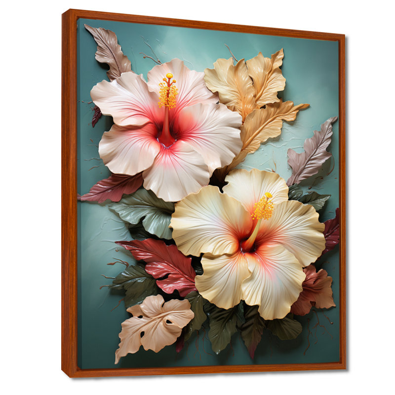 Rivero - art mural hibiscus, H 44 po x l 34 po, Cadre flottant brun, bois massif
