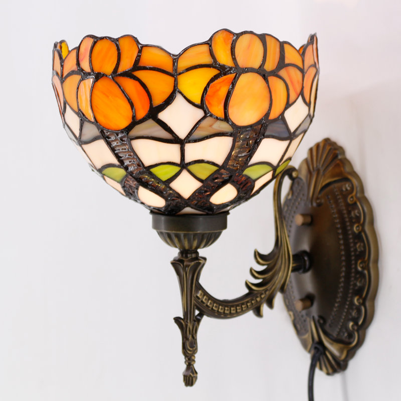 Tiffany Wall Sconce Lamp Plug In or Hardwire Wall Light with 8 Inch Yellow Stained Glass Flower Lampshade 8X10.5X11 Inch, Base, 6ft Cord with On/Off Switch, Bulb Not Included