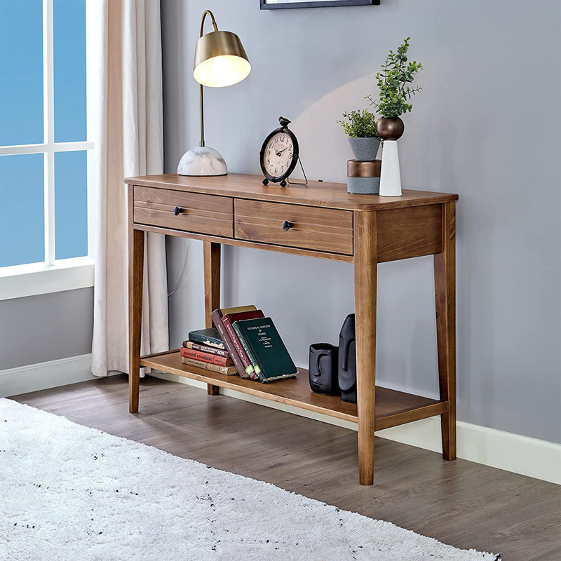 Honey Brown Mid Century Pine Wood Console Table with Storage