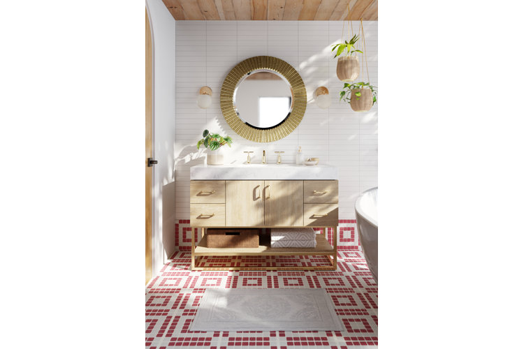 modern bathroom with red and white mosaic floor tiles