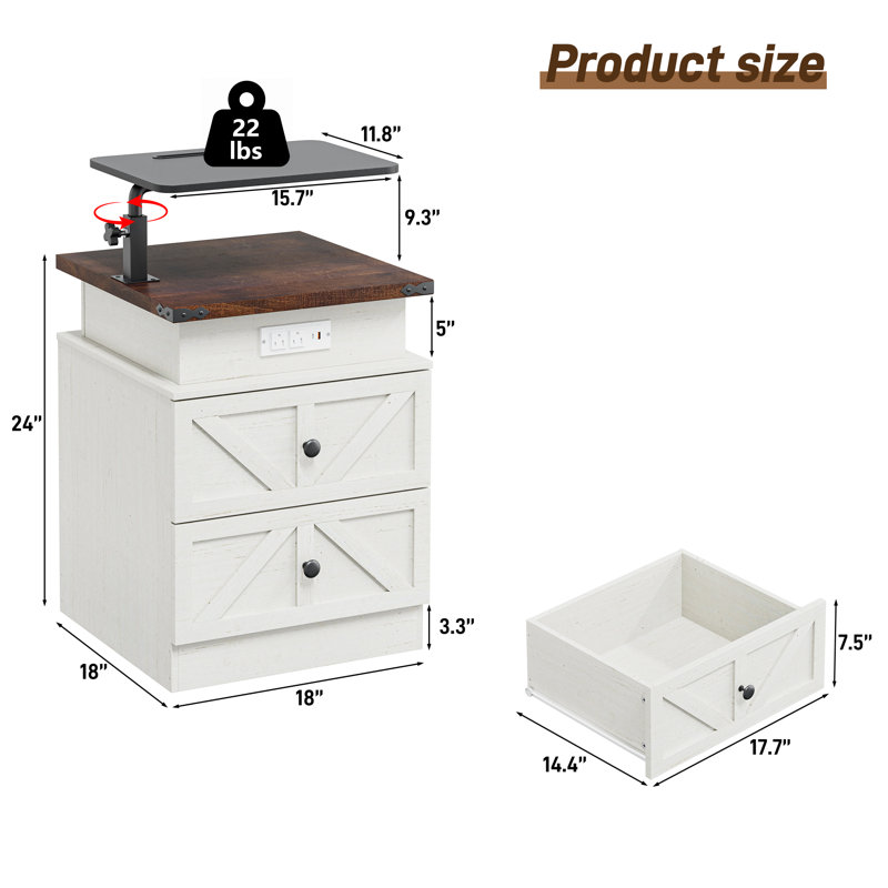 White Farmhouse Night Stands with Charging Station and LED Light