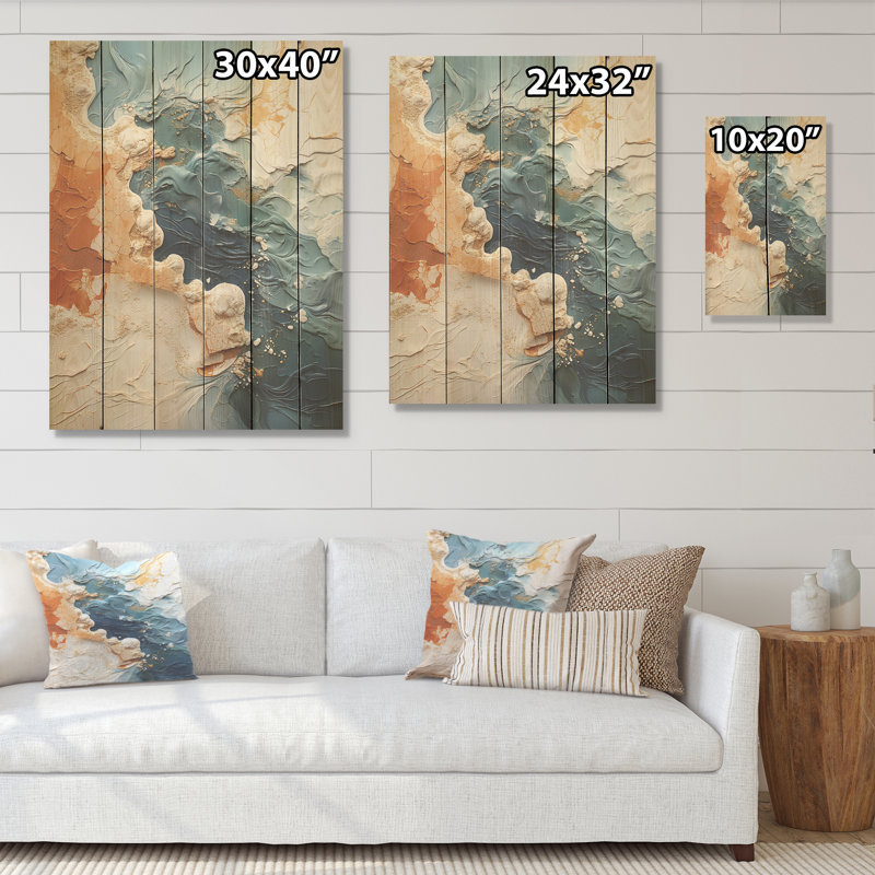 «Modern Teal Waves Fight» - art mural bois de plage côtière sur bois de pin naturel, H 32 po x l 24 po