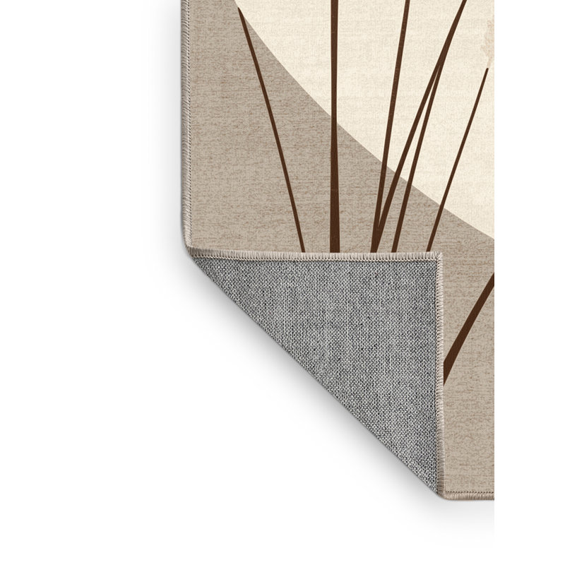Machine Washable Orlandra Reed Grass Minimalist Solid Color Rug in Beige – Beige Binding, 7x10