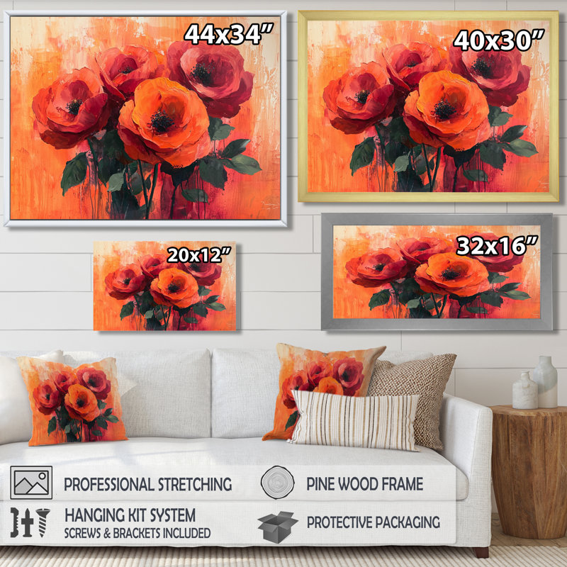 Fleurs, roses, coucher de soleil, bouquet de fleurs - art mural floral, H 16 po x l 32 po, Brun