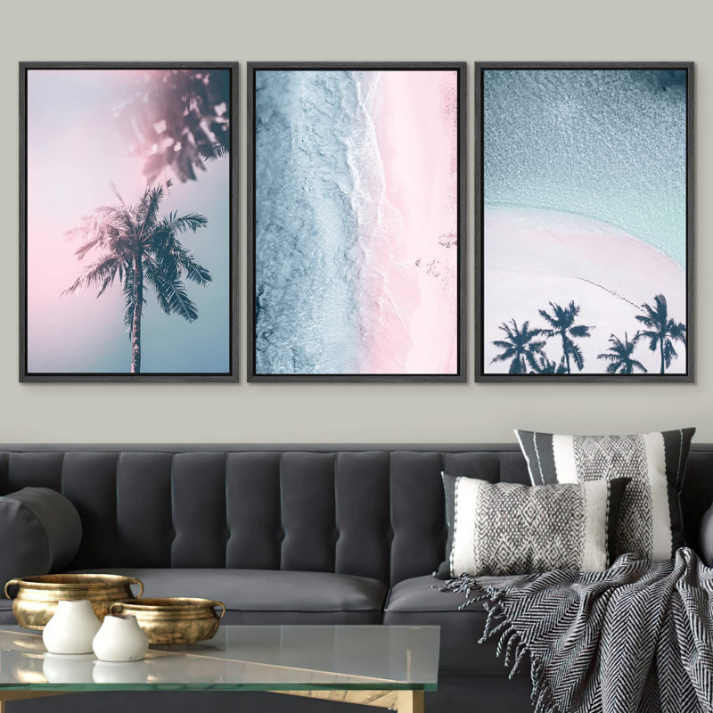 " Pastel Duotone Retro Palm Tree Island Beach Coastal Nautical Photography Modern Art Seascape Relax " 3 - Pieces, Noir