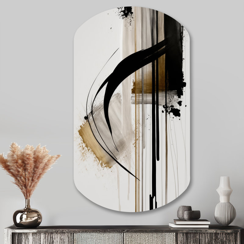 Black, White And Gold Expression I - Asymmetrical Abstract Metal Wall Decor, Cylinder Metal Wall Sculpture Print