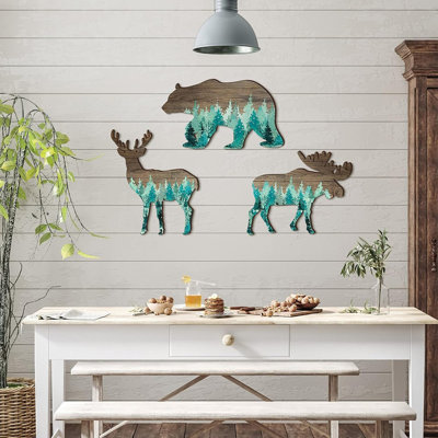 Woodland Animal Wall Decor - Natural Wood - Set Of 3, Bear, Elk, And Moose Designs, Rustic Cabin And Christmas Décor For Nursery Or Home