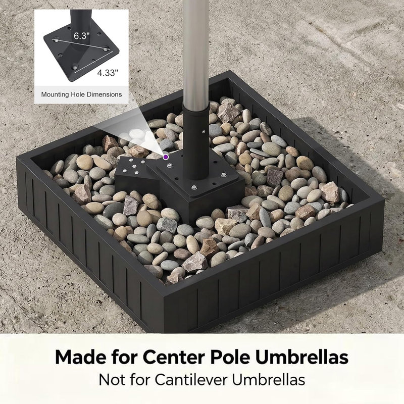 Pied de parasol robuste en acier à roulettes avec 4 roues verrouillables, capacité de 400 kg, pour terrasse, table de marché ou parasol.