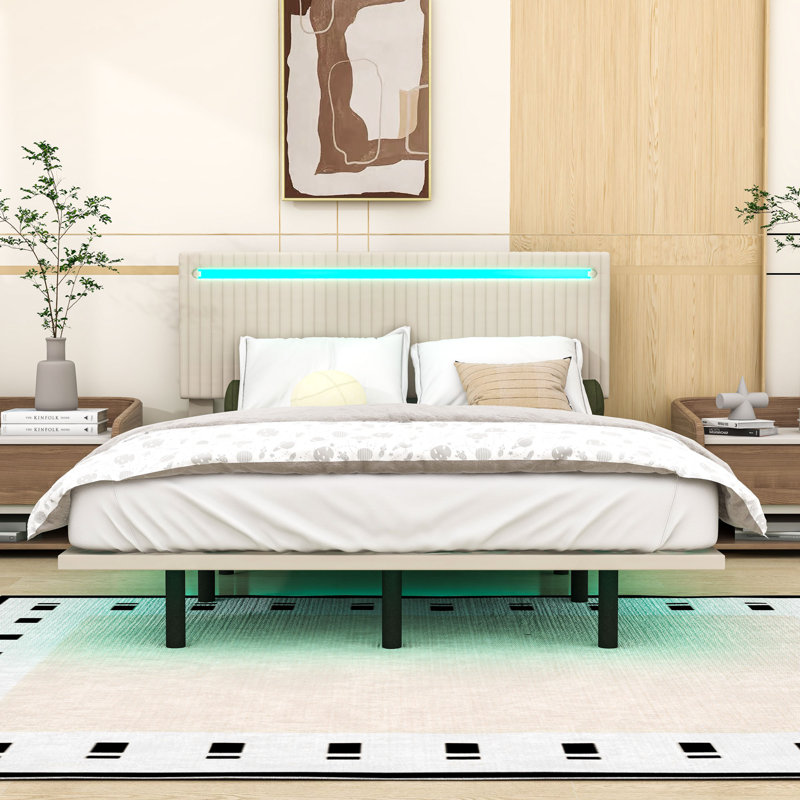 Floating Bed Frame with Adjustable LED Lights, Full, Beige