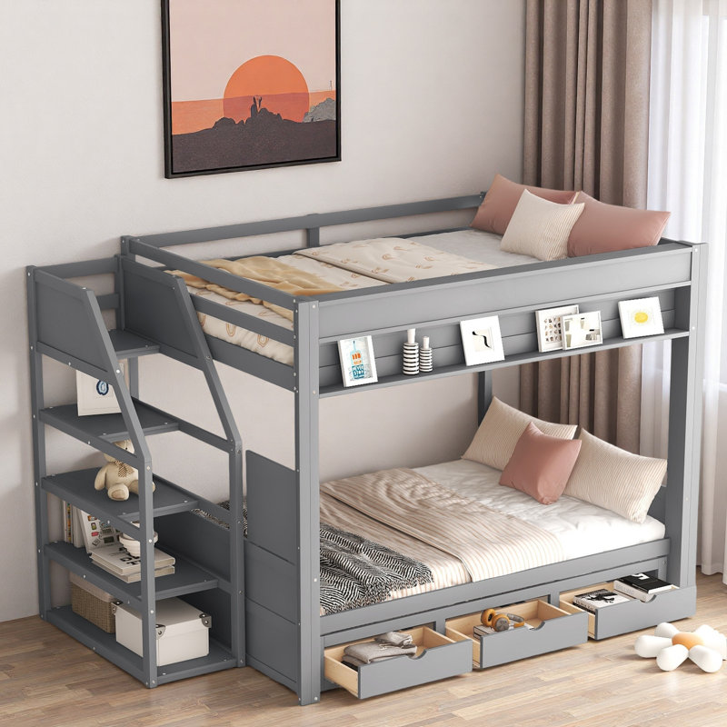 Lit superposé convertible avec escalier de rangement, table de chevet et 3 tiroirs, Gris