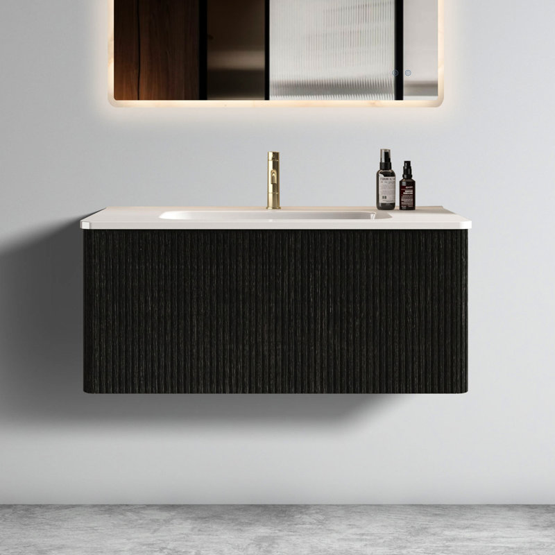 36" Floating Bathroom Vanity - Striped Brushed Black Oak, Ceramic Sink, Pre-Assembled Modern Functional Addition, Black, 36"