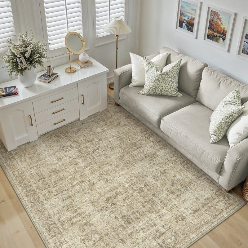 Tapis beige lavable avec envers antidérapant Ladonya, Rectangulaire 3 pi x 5 pi