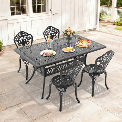 Table de salle à manger rectangulaire en aluminium moulé pour patio de 58,27 po de longueur avec trou pour parasol et 4 chaises avec une largeur d'assise de 15,35 po (ensemble de 5 pièces)
