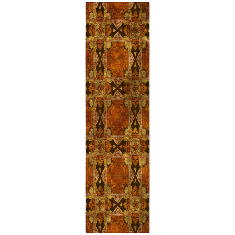 8' Runner Orange and Rust Floral Medallion Washable Non Skid Indoor Outdoor Runner Rug