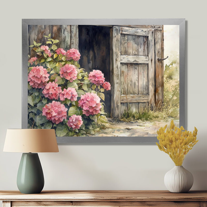 «Donnal Hydrangeas By The Farmhouse Gate I - Hydrangea», art mural, Reproduction encadrée d'une seule photo, Argent argent
