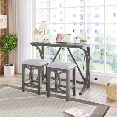 Farmhouse 3PCS Counter Height Dining Table Set With USB Port And 2 Upholstered Stools