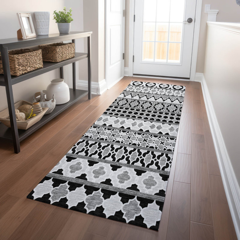 Premium Machine Washable Prisco Black Rug, Runner 2'3" x 7'6"
