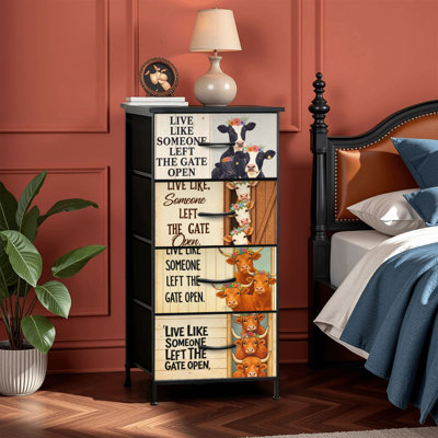 Commode 4 tiroirs pour chambre à coucher, commode étroite, plateau en bois et structure en fer pour bureau 18 "x 37,5" - (H x H) - avec une jolie vache des Highlands portant des lunettes lisant le journal Sunny Farm
