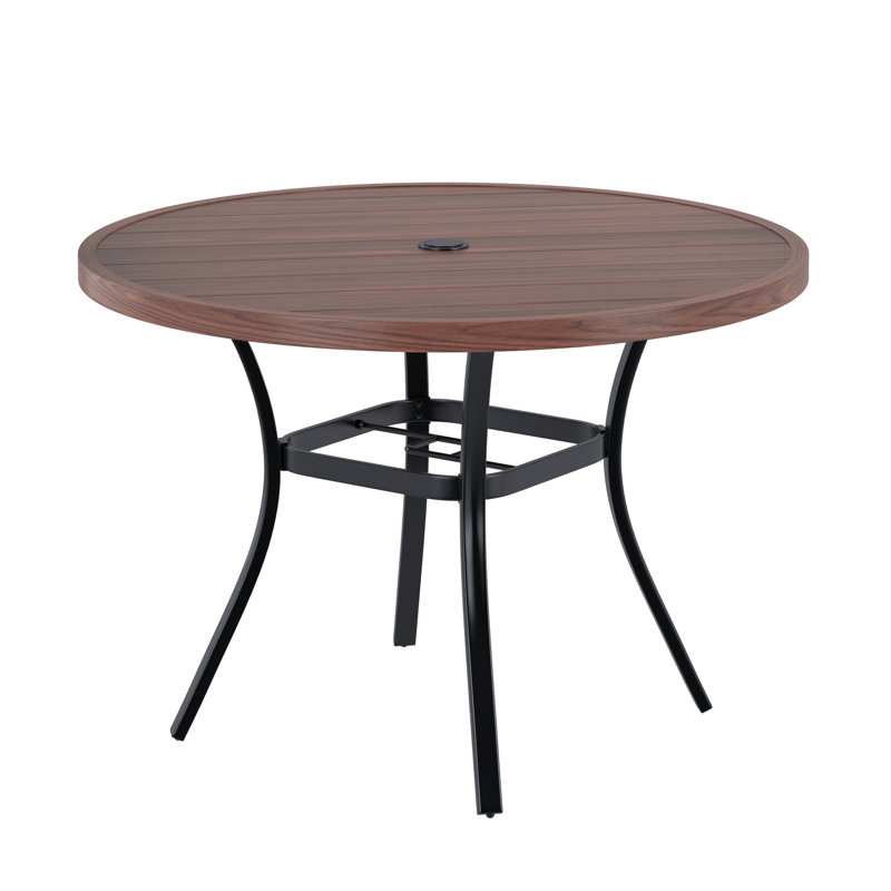 Table de salle à manger ronde en métal avec trou pour parasol, L 41,7 po x L 41,7 po x H 27,9 po, Noyer / noir