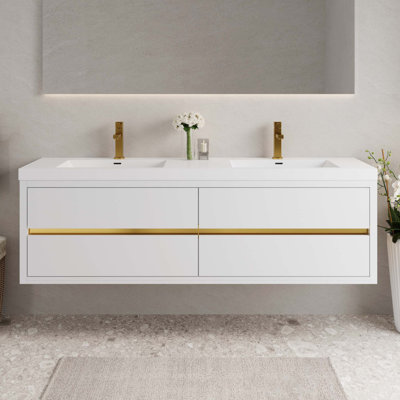 72" Wall-Mounted Bathroom Vanity With Double Sinks, Floating Bathroom Storage Cabinet With Stone Resin Countertop And Soft Close Drawers