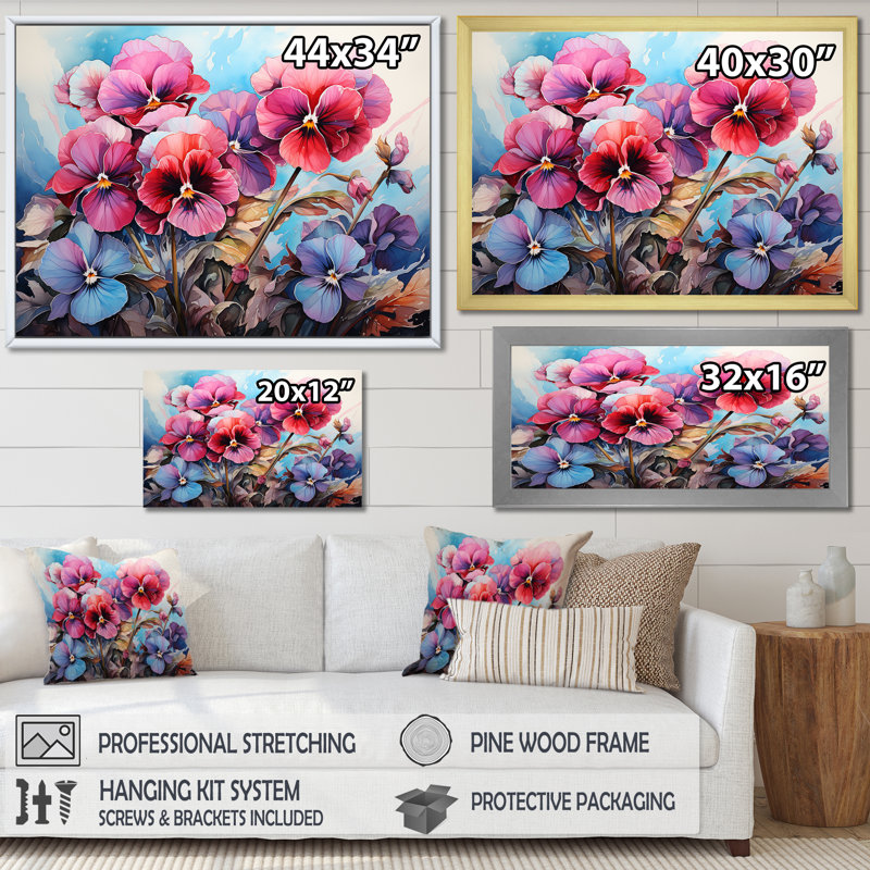«Pink Pansies Charm In Mountain Scenery», reproduction sur toile, Cadre photo argenté, H 30 po x l 40 po x P 1,5 po
