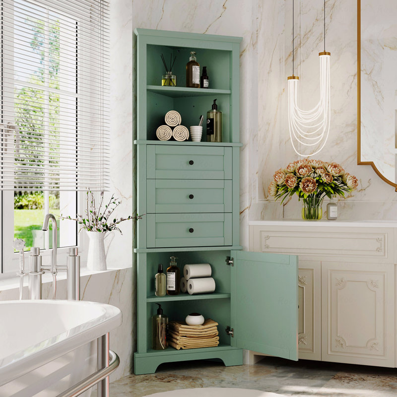 Triangle Tall Cabinet With 3-Drawers And Adjustable Shelves For Bathroom, Kitchen Or Living Room, MDF Board With Painted Finish