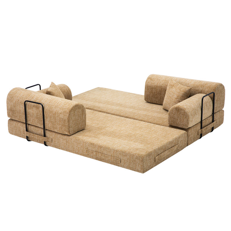 Lit convertible multifonctionnel 4 en 1, canapé 3 places pour la chambre et le salon ocre Boucl, bouclier peau, mousse haute résilience, plancher sans assemblage, 30d texturé
