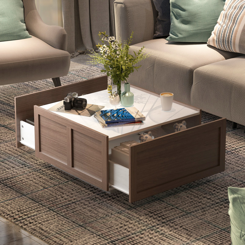 Square Farmhouse Coffee Table with 2 Storage Drawers for Living Room, White