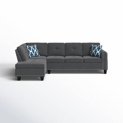 Left Hand Facing 2 - Piece 98" Wide Dark Gray Linen Upholstered L Shaped & Chaise, Round Arms, Back Pillows, Nailhead Trim, Spring Foam Cushions With Tied, Removable Backs, Seats Five, Two Accent
