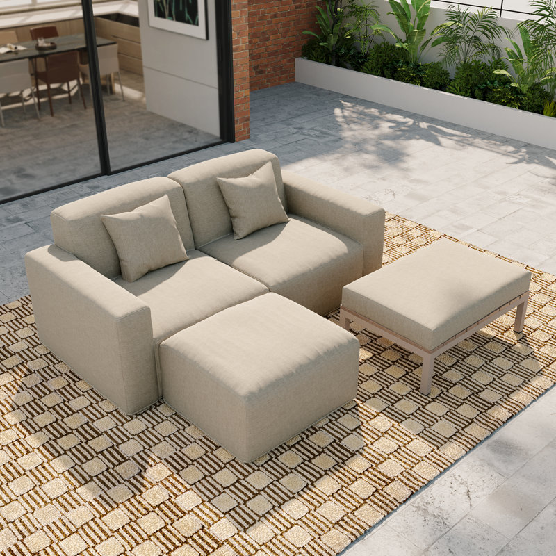 Ensemble de mobilier de jardin moderne Lemieux 4 pièces, 2 fauteuils (gauche + droite) + pouf + table basse, tissu résistant aux intempéries et aux UV, aucun assemblage requis